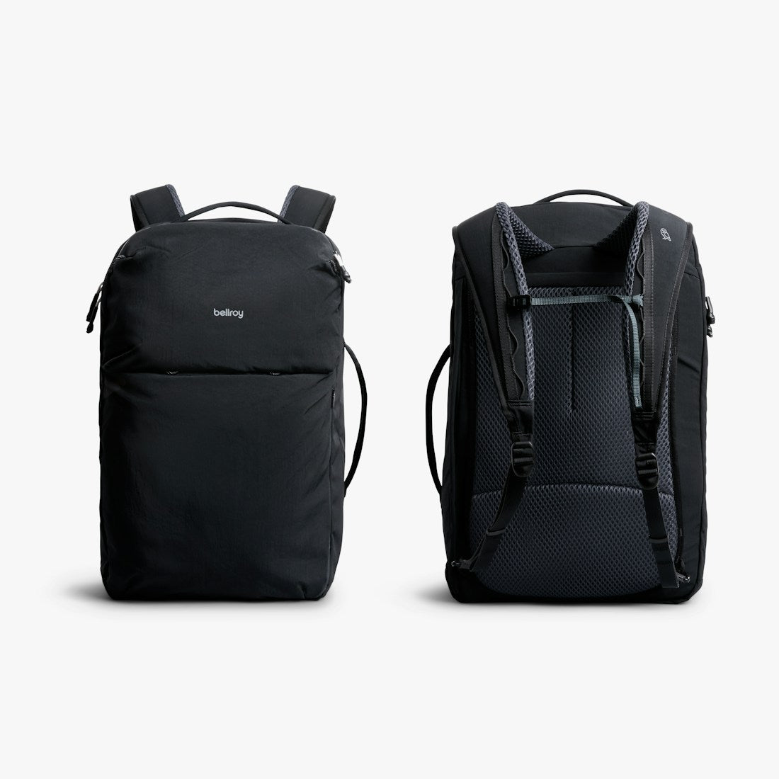 Bellroy Lite Travel Pack 38L carry-on backpack in Black, front and back views - The Simple Man