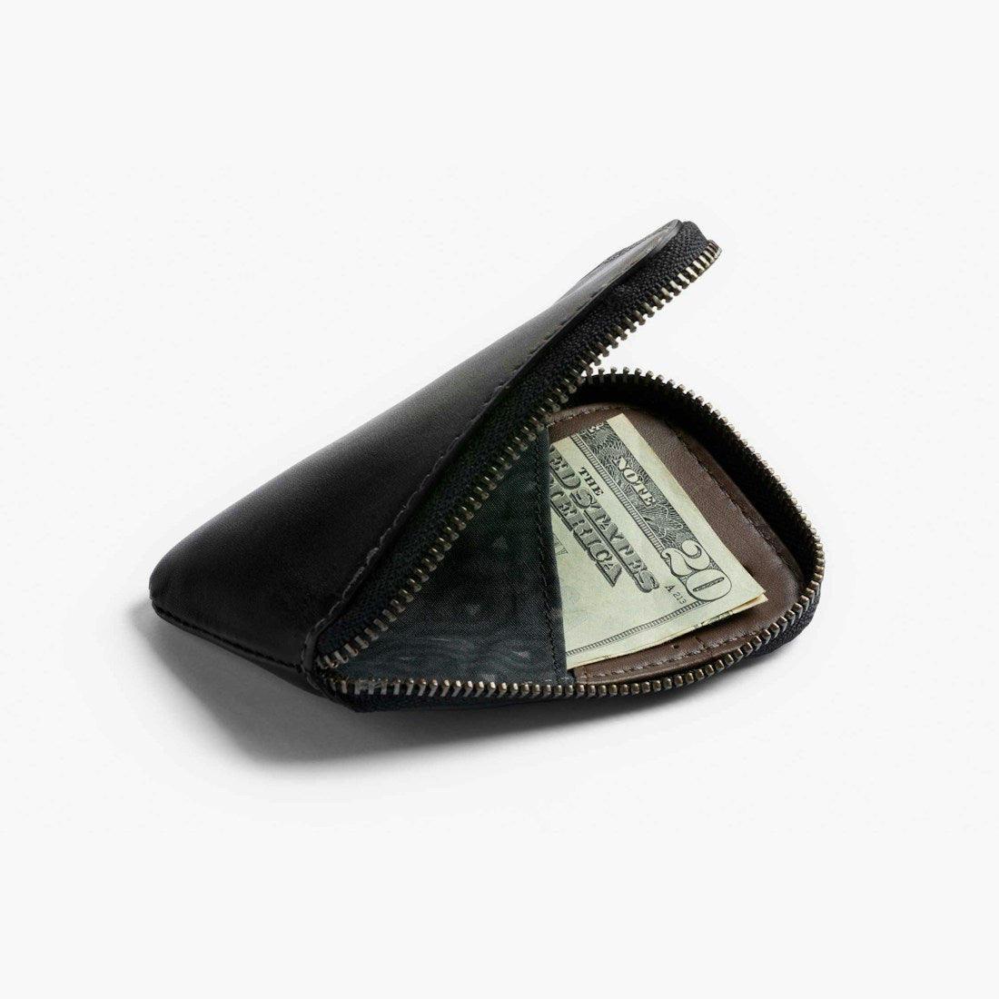 Bellroy Card Pocket wallet in Black, zip open with cash visible - The Simple Man