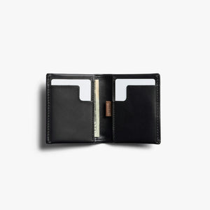 Bellroy Slim Sleeve wallet in Black, open bi-fold showing card slots and cash slot - The Simple Man