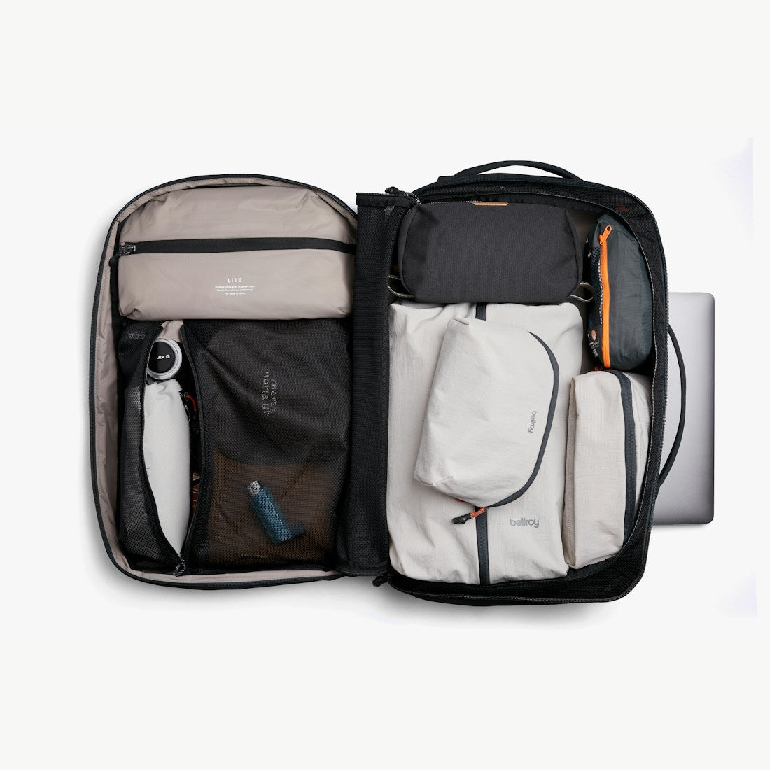 Bellroy Lite Travel Pack 38L carry-on backpack in Black, open suitcase-style main compartment with dividers - The Simple Man