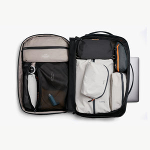 Bellroy Lite Travel Pack 38L carry-on backpack in Black, open suitcase-style main compartment with dividers - The Simple Man