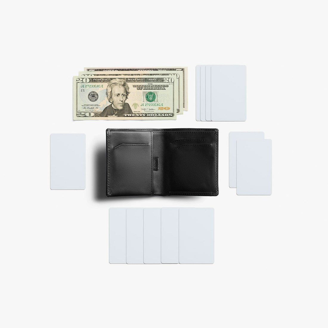 Bellroy Note Sleeve RFID leather wallet in Black, flat lay with cash and blank cards - The Simple Man