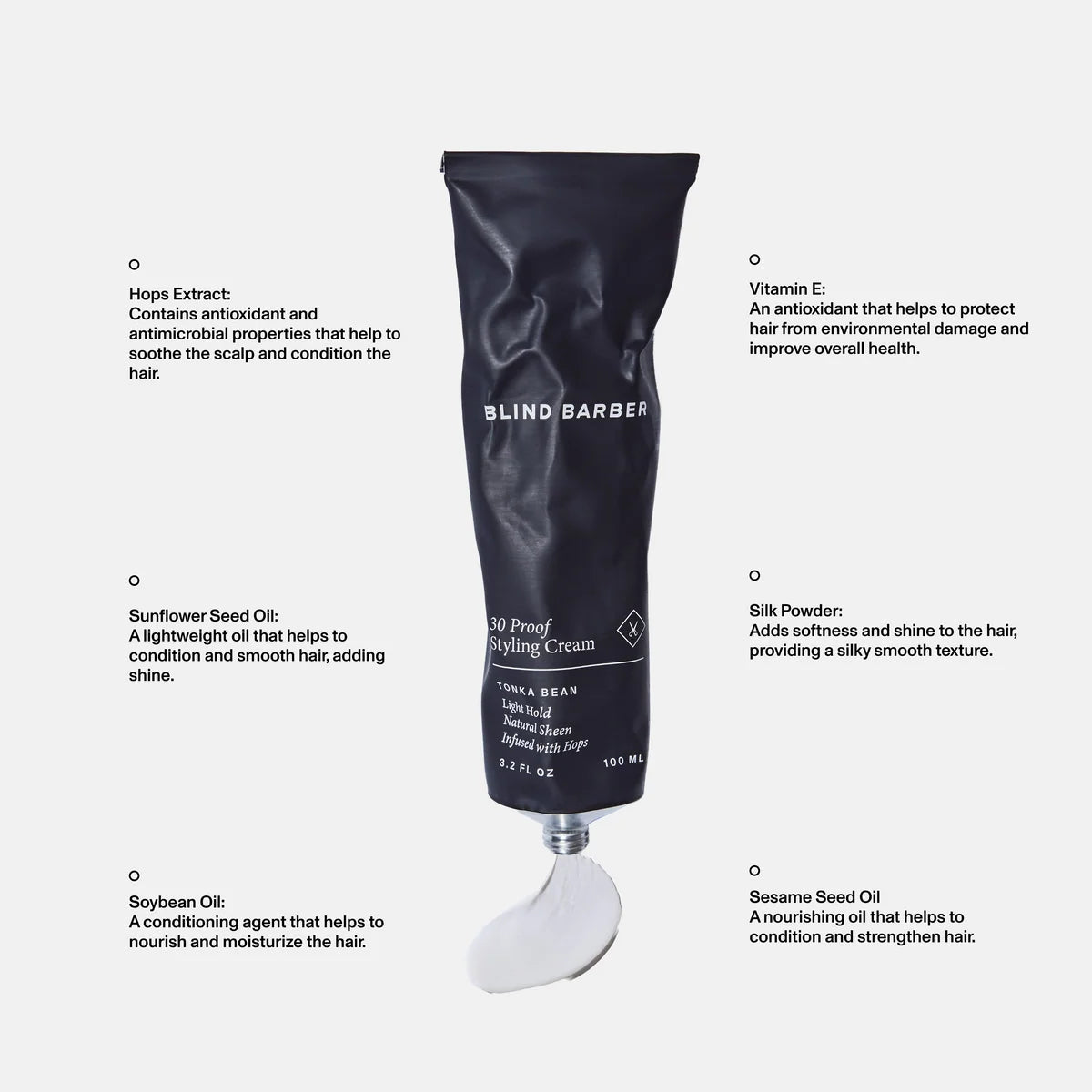 Blind Barber 30 Proof Styling Cream tube with hops extract and sunflower seed oil detail, The Simple Man