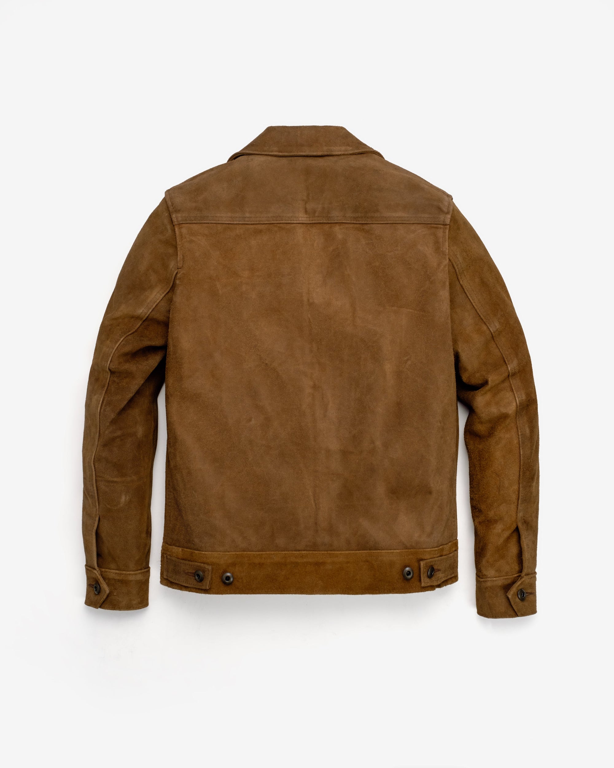 Brown rough-out suede jacket with side button tabs, back view - The Simple Man