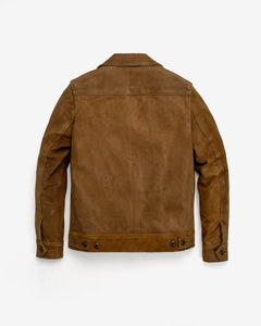 Brown rough-out suede jacket with side button tabs, back view - The Simple Man