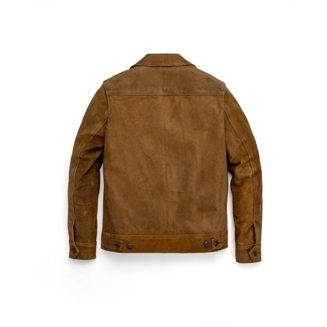 Brown rough-out suede jacket with side button tabs, back view - The Simple Man