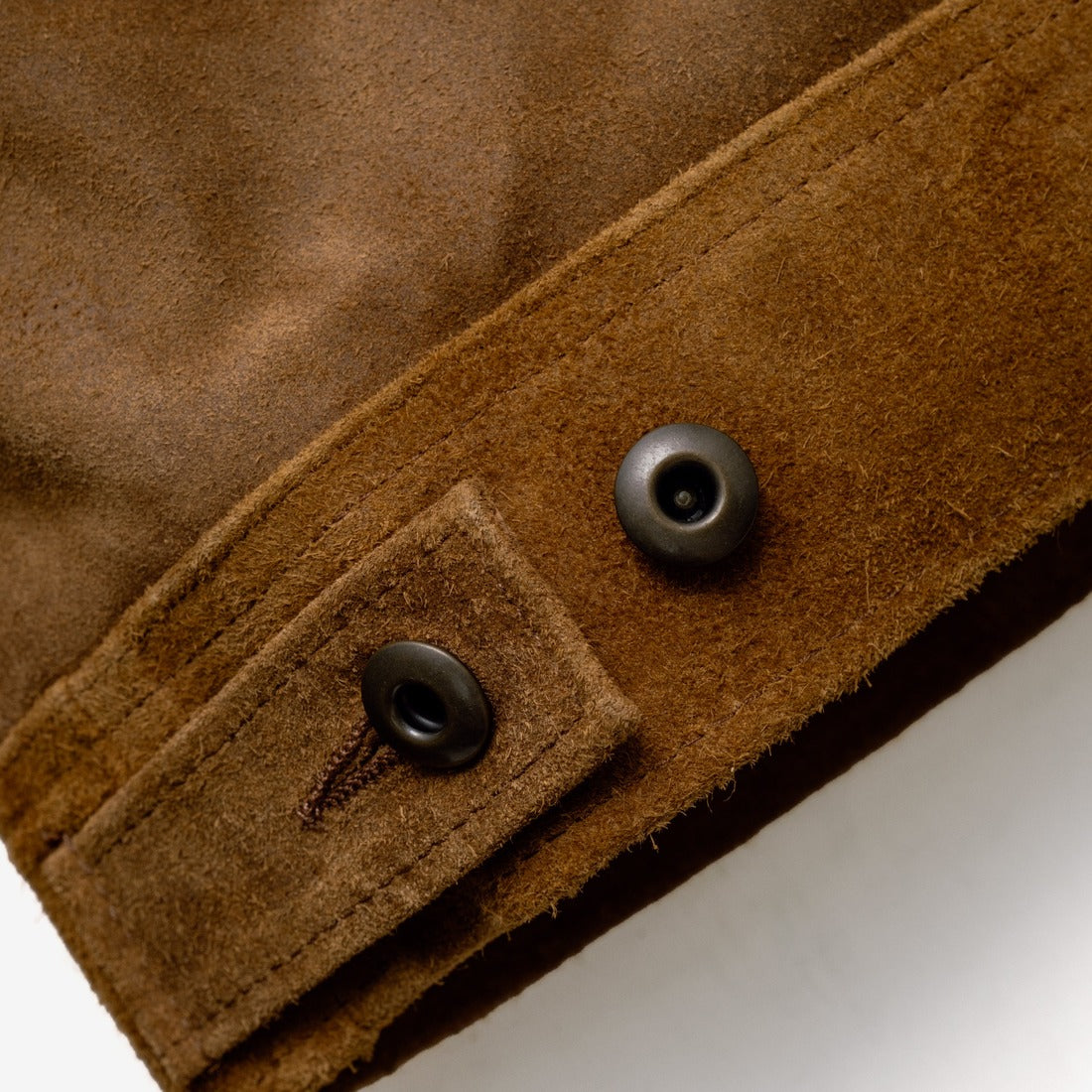 Close-up of the metal shank button side tab on the brown suede jacket - The Simple Man