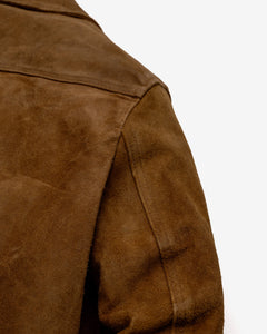 Close-up of the shoulder and sleeve seam on the brown rough-out suede jacket - The Simple Man