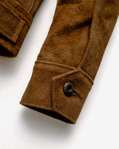 Close-up of the button cuff closure on the brown rough-out suede jacket sleeve - The Simple Man