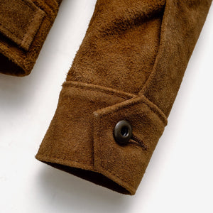 Close-up of the button cuff closure on the brown rough-out suede jacket sleeve - The Simple Man