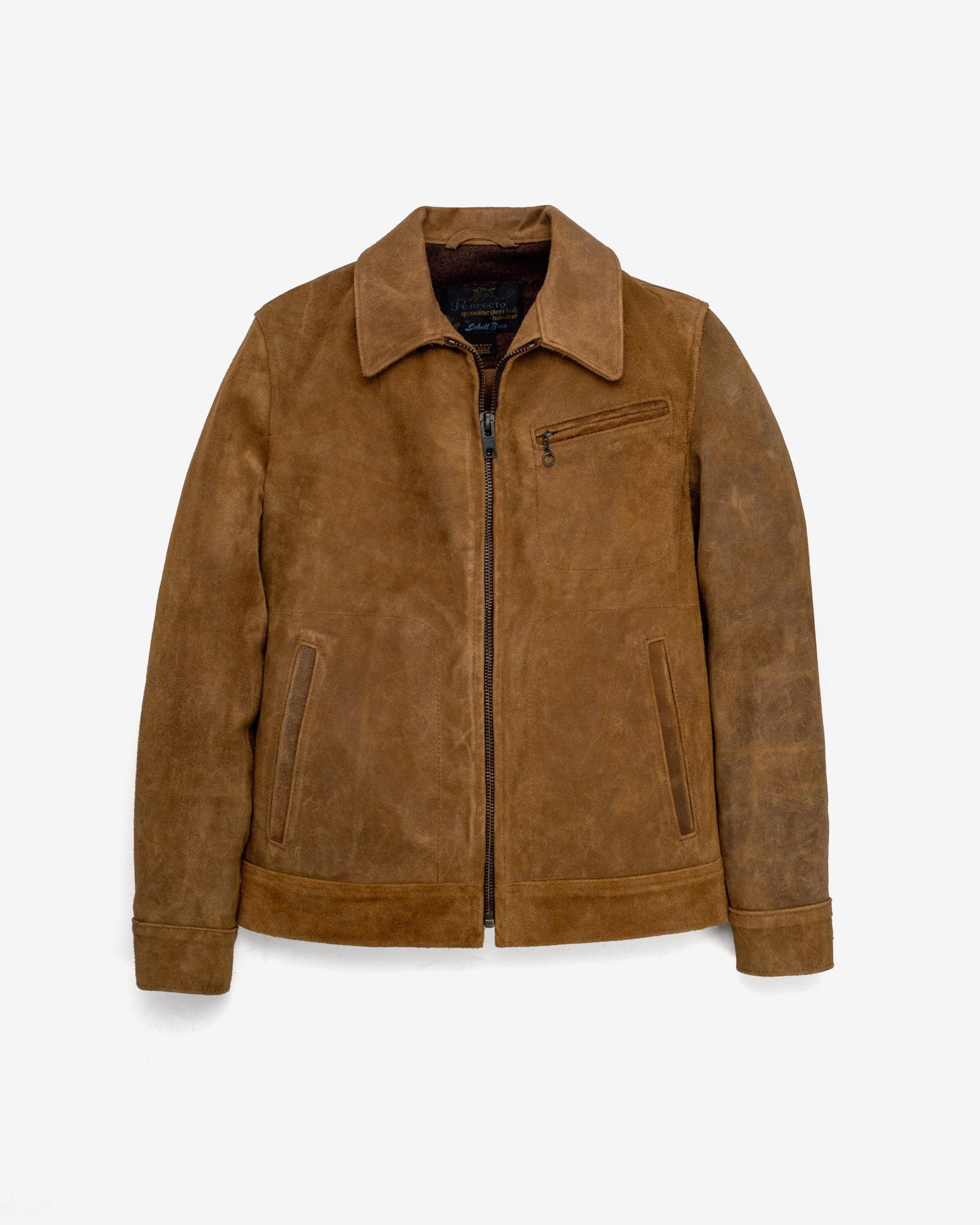 Brown rough-out suede unlined jacket with zip front and shirt collar, front view - The Simple Man