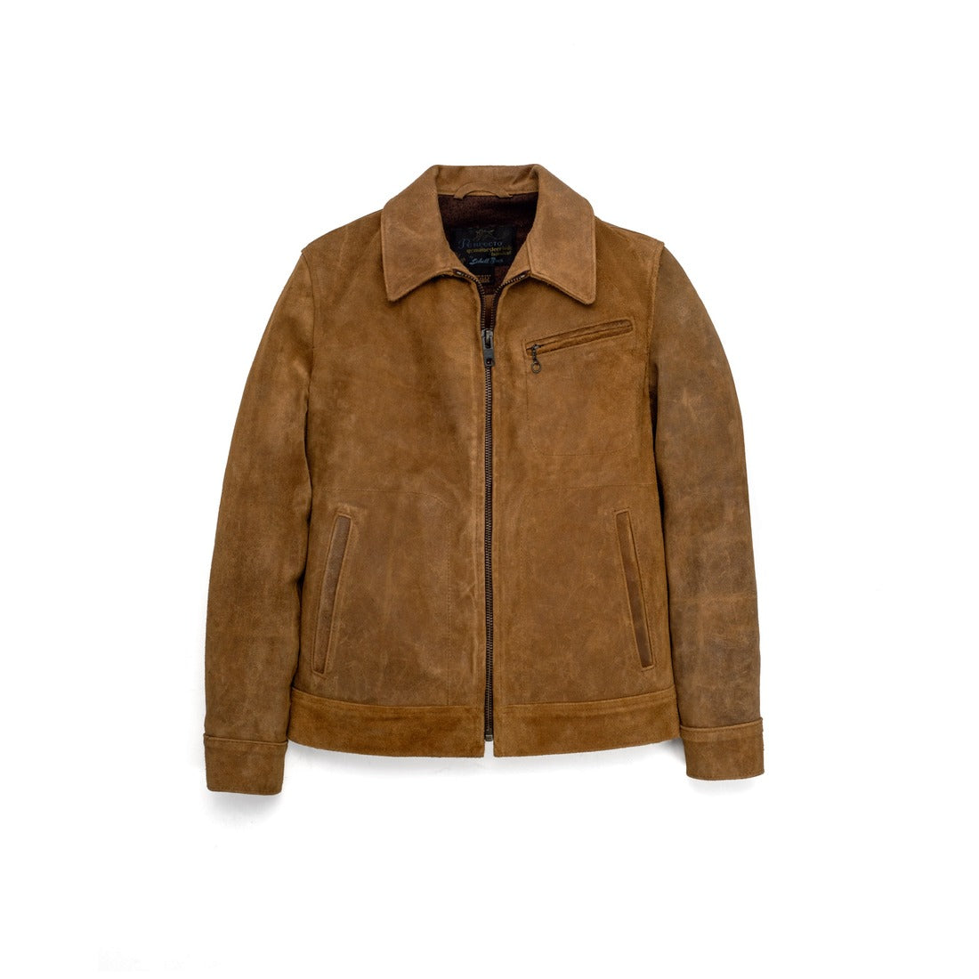 Brown rough-out suede unlined jacket with zip front and shirt collar, front view - The Simple Man
