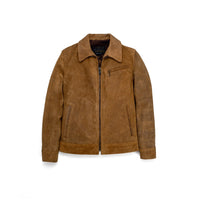Brown rough-out suede unlined jacket with zip front and shirt collar, front view - The Simple Man