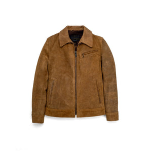Brown rough-out suede unlined jacket with zip front and shirt collar, front view - The Simple Man