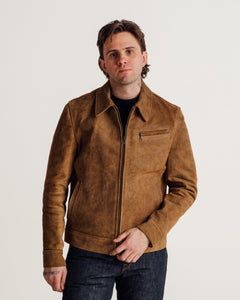 Man wearing the brown rough-out suede jacket zipped, front view on model - The Simple Man