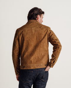 Back view on model of the brown rough-out suede jacket with half yoke back - The Simple Man