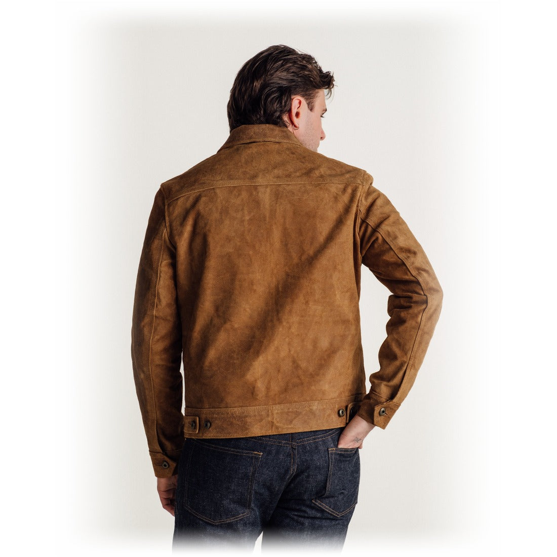 Back view on model of the brown rough-out suede jacket with half yoke back - The Simple Man