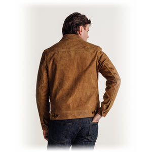 Back view on model of the brown rough-out suede jacket with half yoke back - The Simple Man