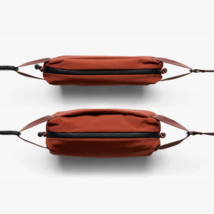 Bellroy Lite Sling Mini in Clay, collapsed and expanded side by side - The Simple Man