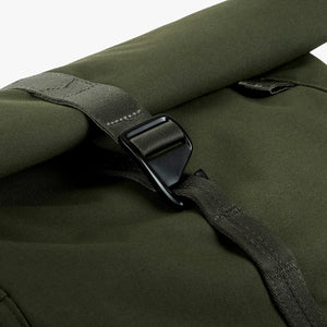 Bellroy Classic Rolltop commuter backpack in Olive, close-up of roll-top metal hook closure - The Simple Man