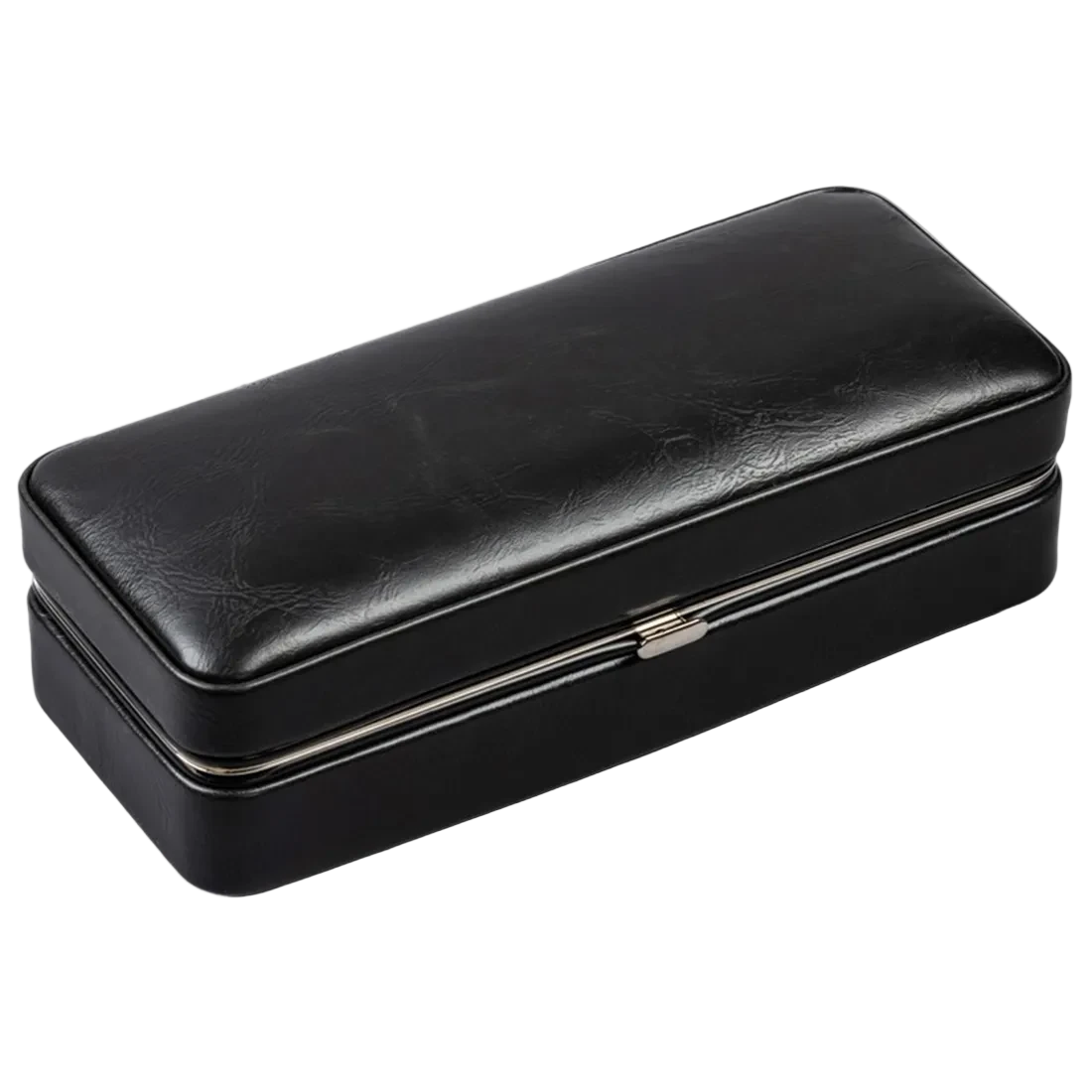 Black manmade leather 3-cigar folding travel case closed — press-tab snap lock exterior white background
