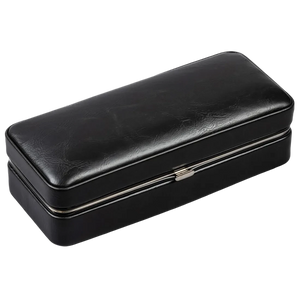 Black manmade leather 3-cigar folding travel case closed — press-tab snap lock exterior white background