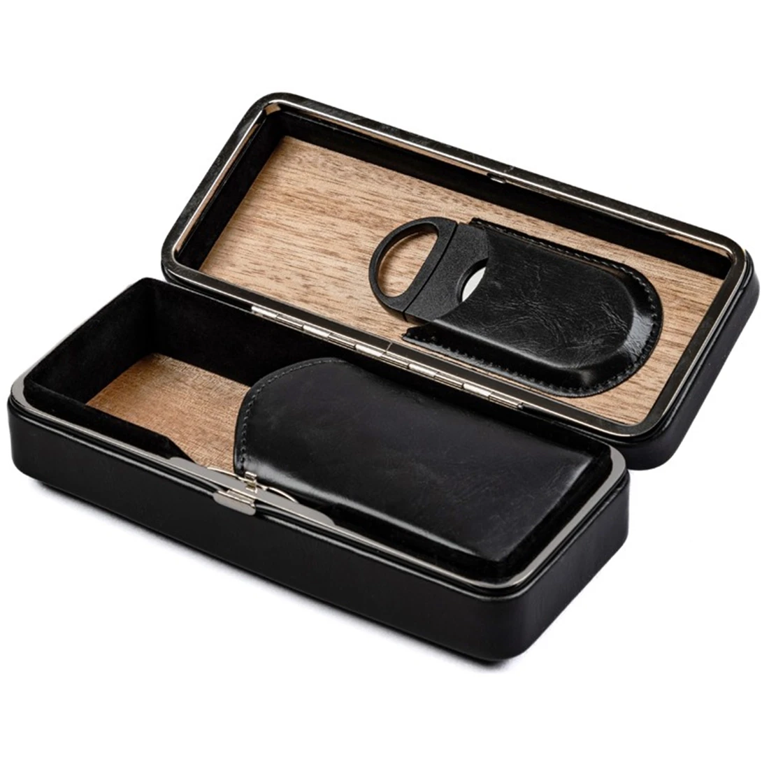 3-cigar folding travel case open white background — cedar interior black leather cutter pouch and double-blade guillotine cutter