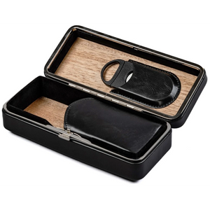 3-cigar folding travel case open white background — cedar interior black leather cutter pouch and double-blade guillotine cutter