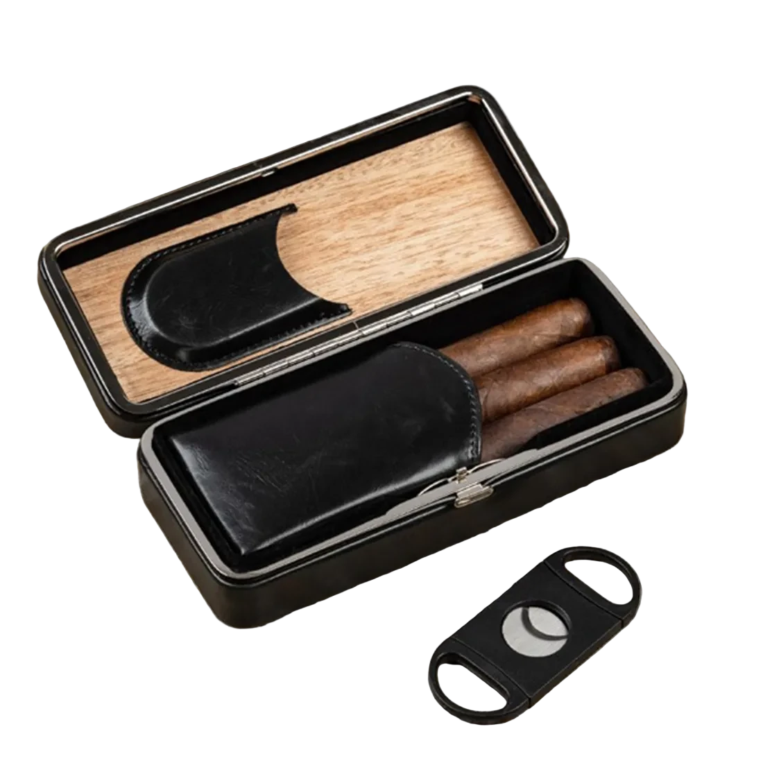 Black leather folding cigar travel case open with three cigars and double-blade guillotine cutter on wood surface