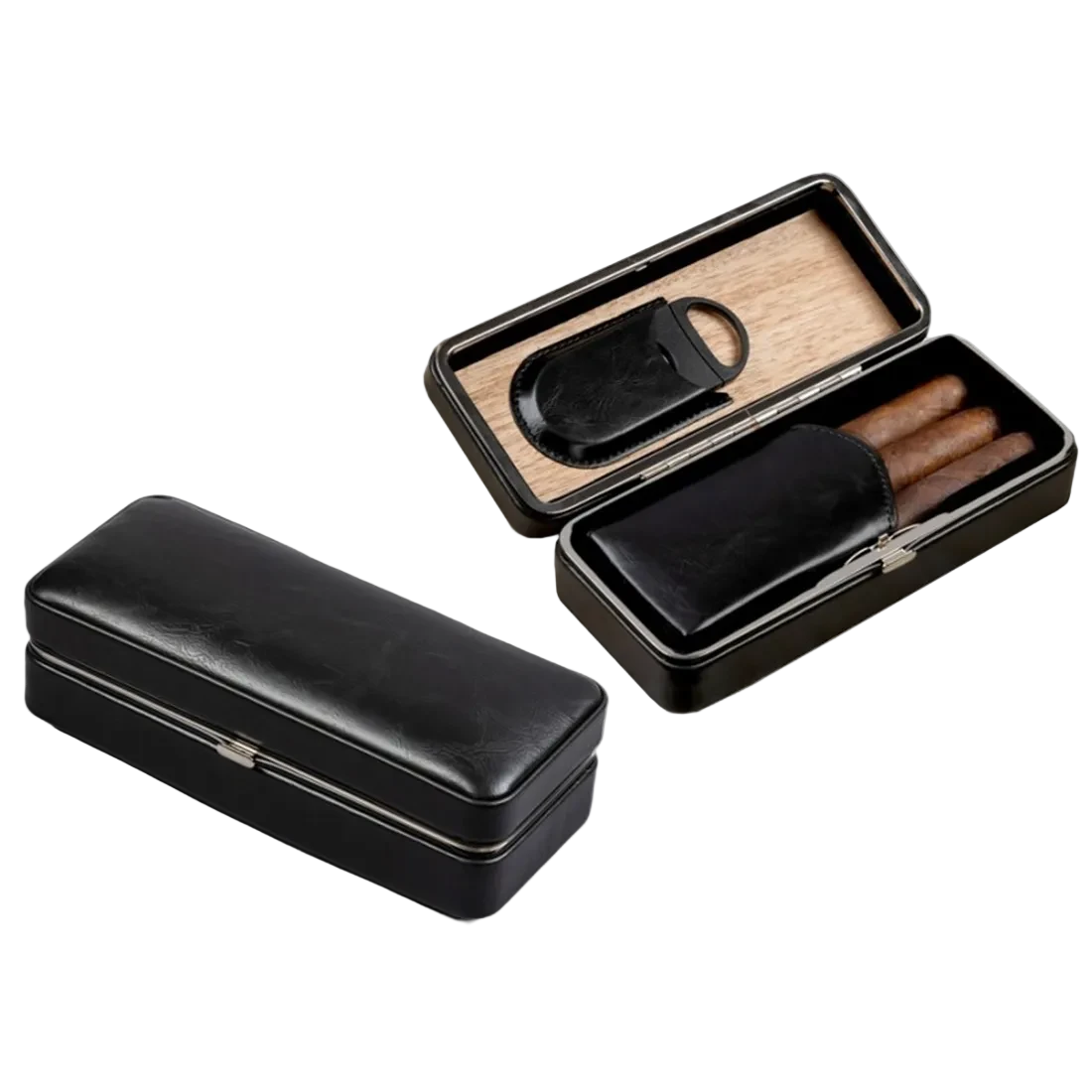 Black leather folding cigar case closed and open side by side — cedar lined interior magnetic cigar pouch and built-in cutter white background