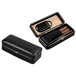 Black leather folding cigar case closed and open side by side — cedar lined interior magnetic cigar pouch and built-in cutter white background