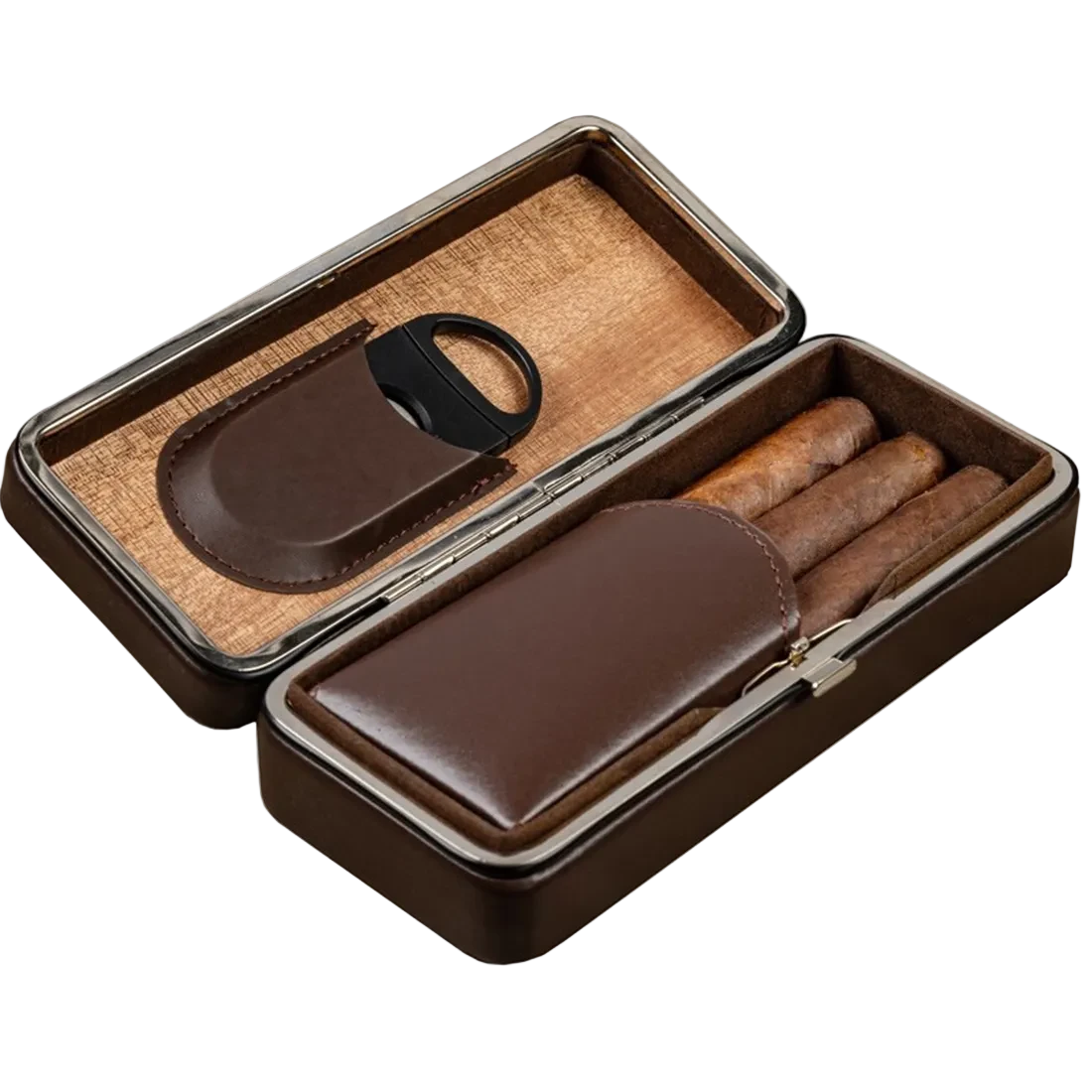 Brown leather cigar case with wooden interior and black tool on a white background