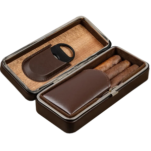 Brown leather cigar case with wooden interior and black tool on a white background
