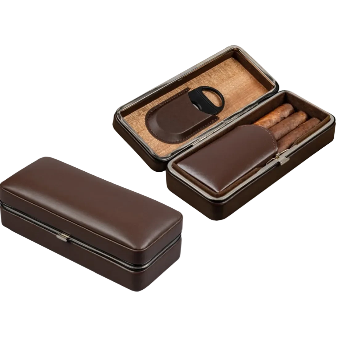 Brown leather cigar case with open lid showing accessories on a white background