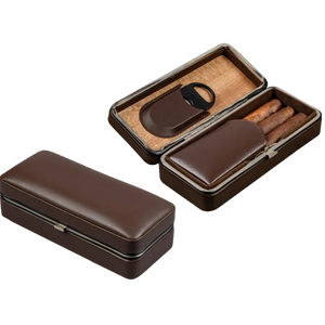 Brown leather cigar case with open lid showing accessories on a white background