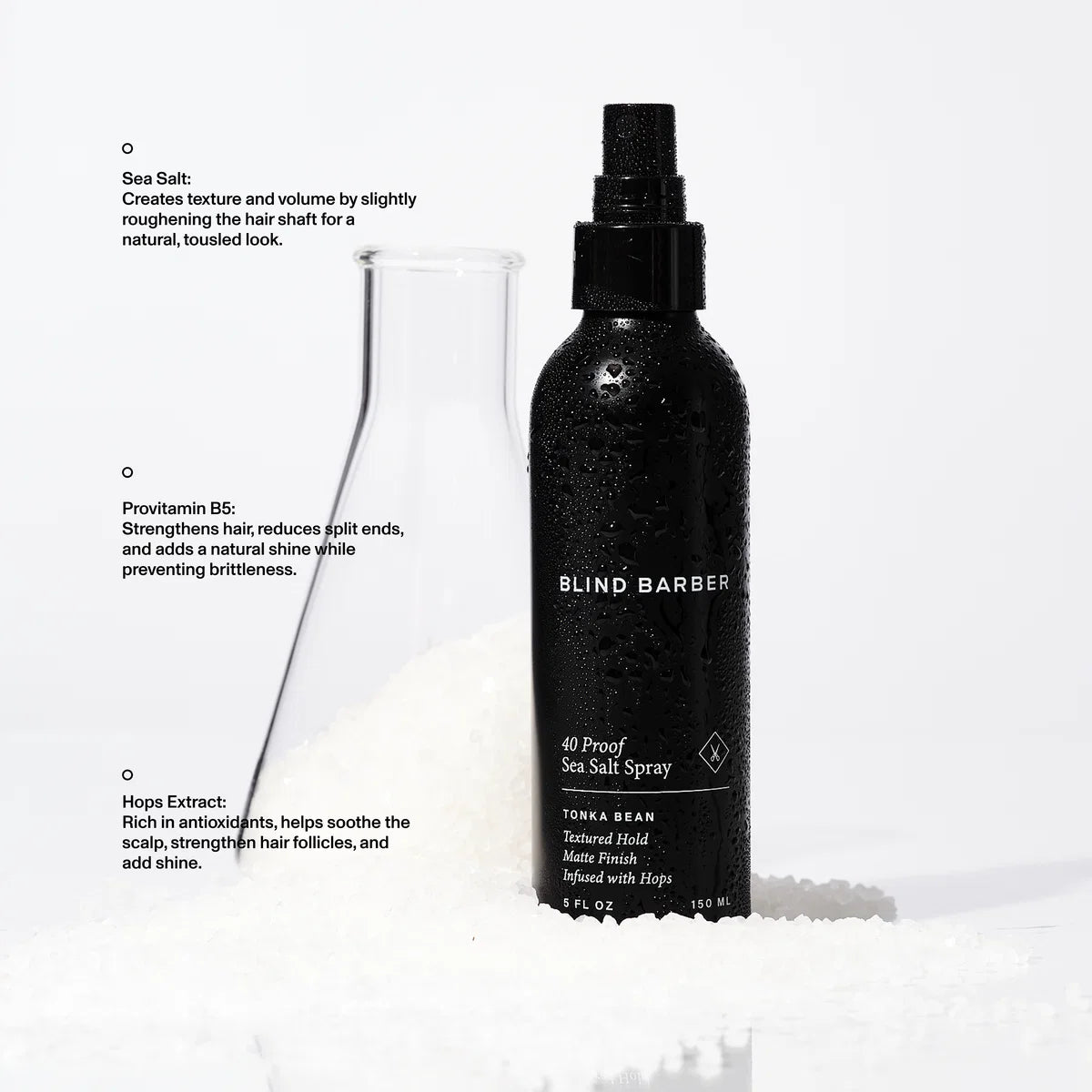 Blind Barber 40 Proof Sea Salt Spray bottle in sea salt with provitamin B5 and hops extract detail, The Simple Man