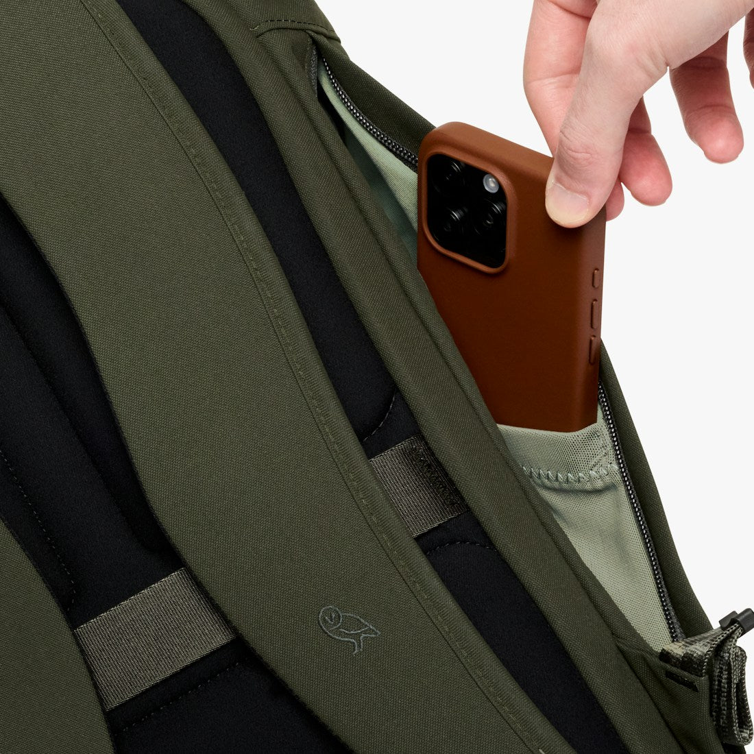 Bellroy Classic Rolltop commuter backpack in Olive, side zip pocket access - The Simple Man