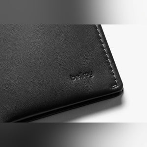 Bellroy Note Sleeve RFID leather wallet in Black, close-up of leather with embossed logo - The Simple Man