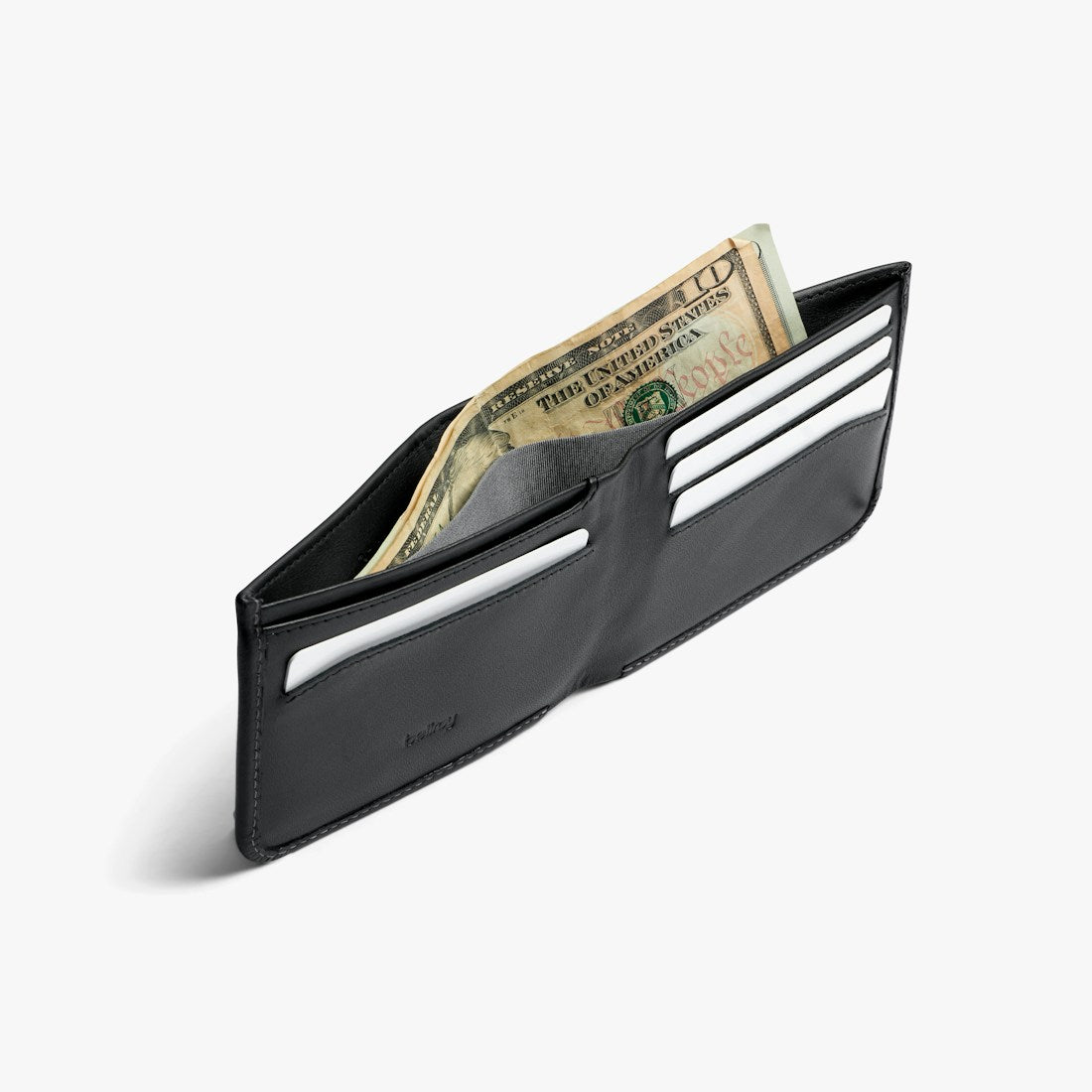 Bellroy Hide & Seek RFID leather wallet in Black, open at an angle with cash and card slots - The Simple Man