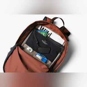 Bellroy Lite Daypack in Clay, open front pocket with organizer contents - The Simple Man