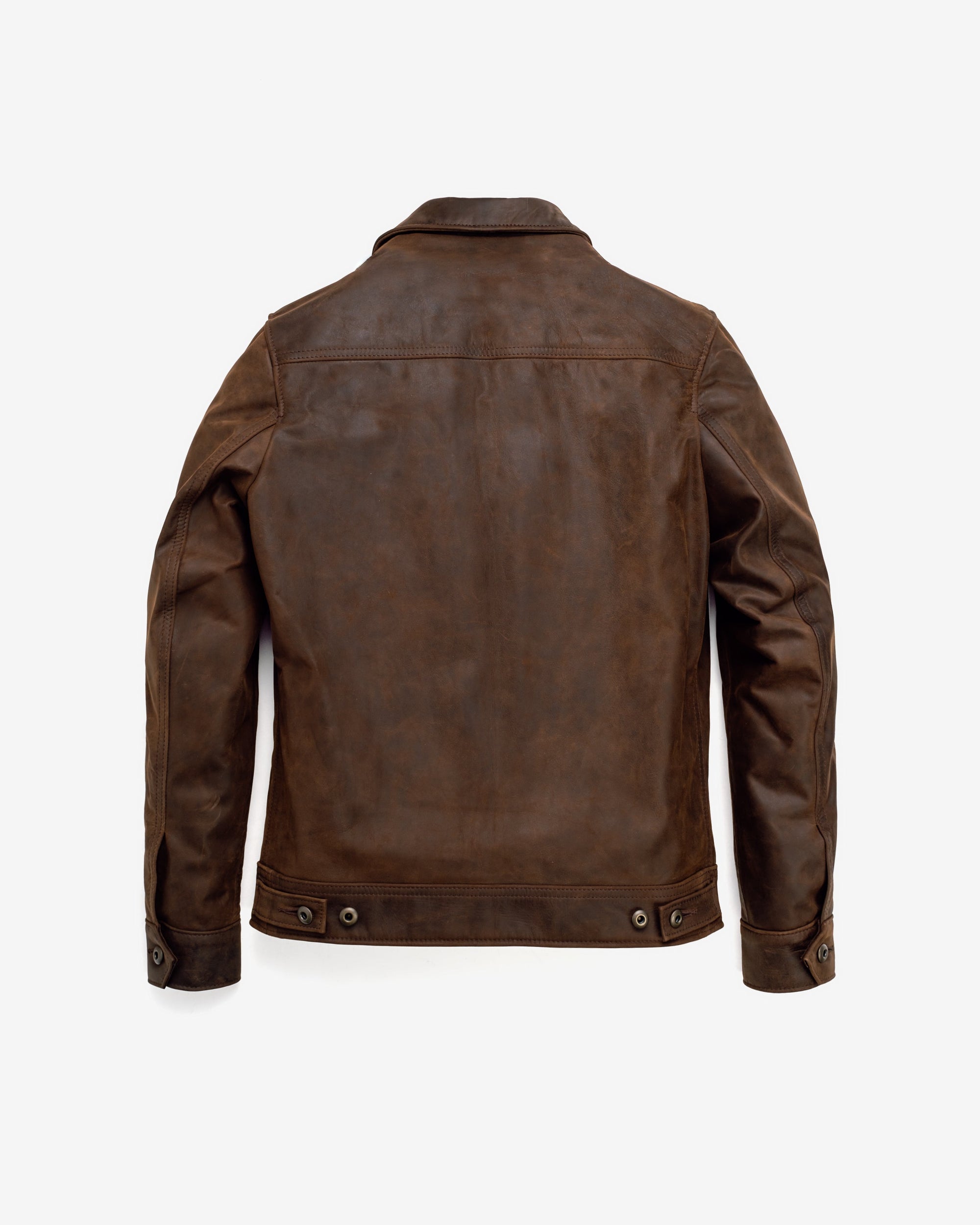 Brown cowhide trucker jacket with adjustable side tabs, back view - The Simple Man