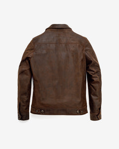 Brown cowhide trucker jacket with adjustable side tabs, back view - The Simple Man