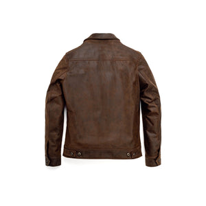 Brown cowhide trucker jacket with adjustable side tabs, back view - The Simple Man