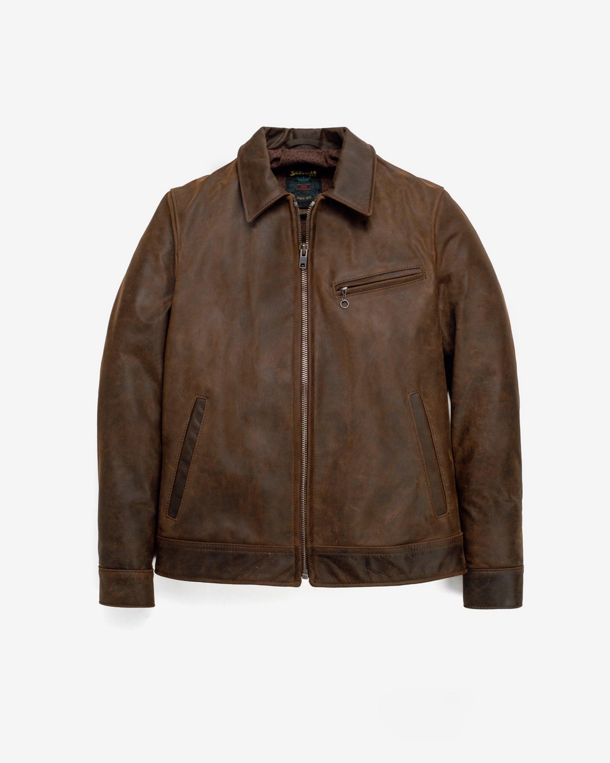 Brown cowhide trucker jacket with zip front and antique brass hardware, front view - The Simple Man