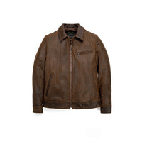 Brown cowhide trucker jacket with zip front and antique brass hardware, front view - The Simple Man