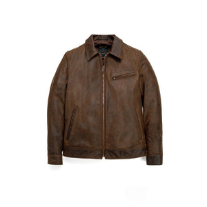Brown cowhide trucker jacket with zip front and antique brass hardware, front view - The Simple Man