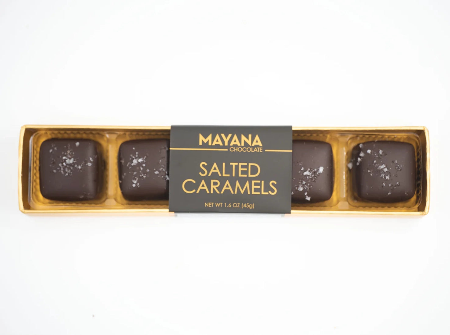Mayana Chocolate Salted Caramels five-piece box with dark chocolate and sea salt, available at The Simple Man