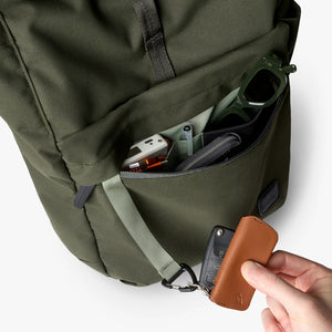 Bellroy Classic Rolltop commuter backpack in Olive, front organizer pocket with key clip - The Simple Man