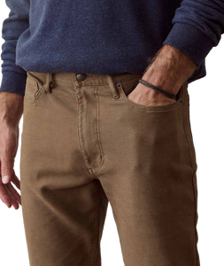 Close-up of 5 Pocket Flex Terry Pant Athletic Fit in Daisy Brown front pocket and waistband detail - The Simple Man