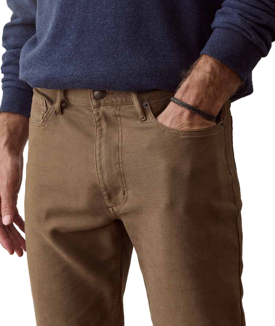 Close-up of 5 Pocket Flex Terry Pant Athletic Fit in Daisy Brown front pocket and waistband detail - The Simple Man